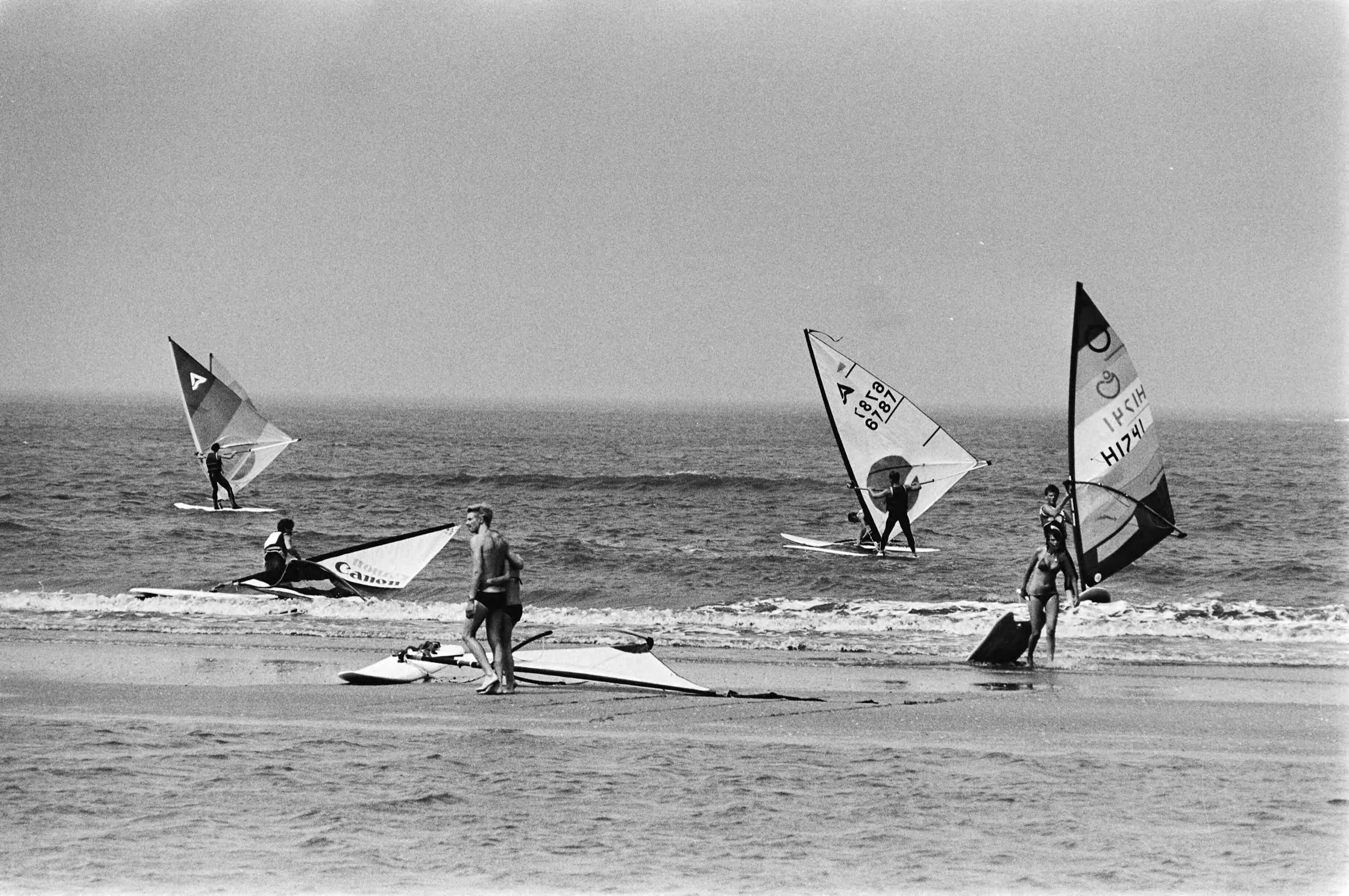 Windsurfers in the surf off the beach at Zandvoort